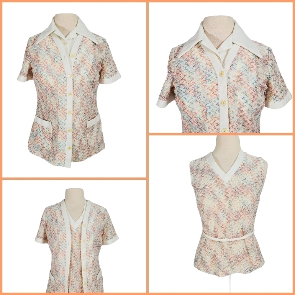 Vintage 70s Rainbow Chevron 3 Piece Knit Top Set
